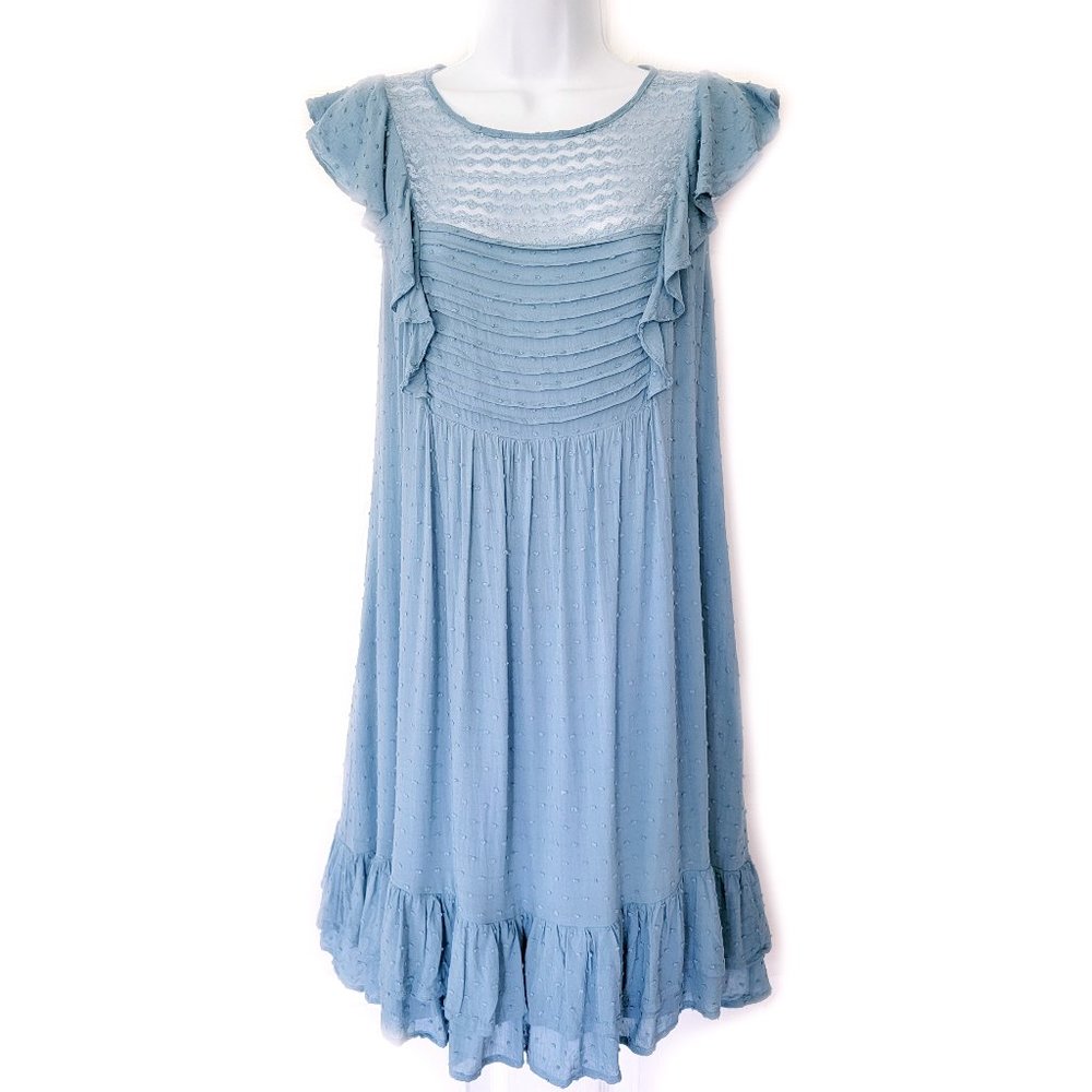 Altar'd State Pintuck & Lace Textured Swiss Dot Babydoll Mini Dress+Ruffled Hem